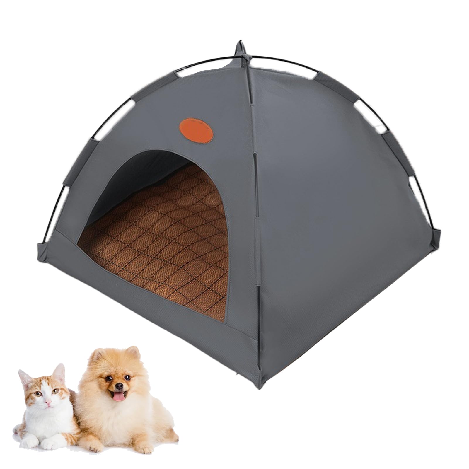 Cat Cooling Sun House with Rattan Mat, Foldable Pet Camping Bed for Indoor Outdoor Use, Breathable Dog Sun House with Mesh Windows for Small Dogs and Kittens (Grey,M)