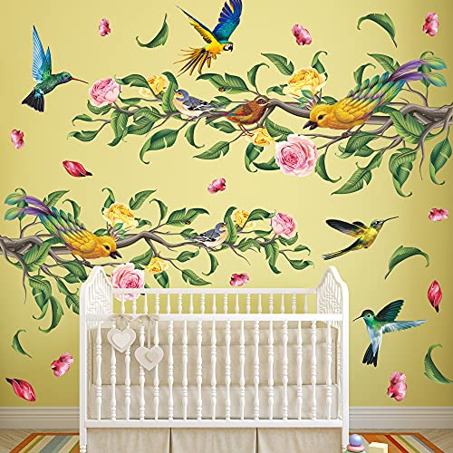 Creative 2 Tree Branches With Flying Birds Wall Stickers Green Leaf And Pink Flower Wall Decals 3D Removable Diy Home Art Decor For Kids Teens Women Bedroom Living Room Nursery Wall Corner Decoration #TOP6