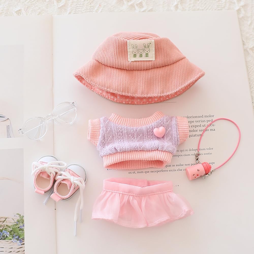 6-Piece Clothes for 17cm Dolls - Cute Hat, Glasses, Water Bottle, Sweater, Skirt & Canvas Shoes - Premium Doll Outfit Accessories for Creative Play & Display (Pink)