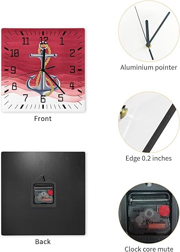 Miniatura 2 de Anchor Red Wooden Wall Clock Silent Non Ticking, Nautical Coastal Ombre Ripple Ocean Theme Square Wall Clock Battery Operated, Decor Clock for Home