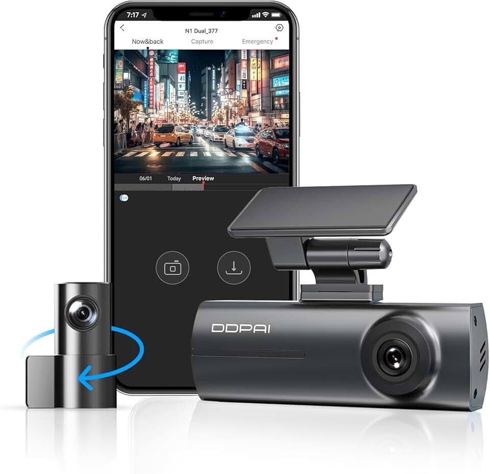 DDPAI N1 Câmera Veicular Dupla 1296P + 1080P com Wi-Fi, Câmera para Carro com Visão Noturna, Sensor G, Gravação em Loop e Modo Estacionamento 24h, Supercapacitor (Cartão SD Não Incluído)