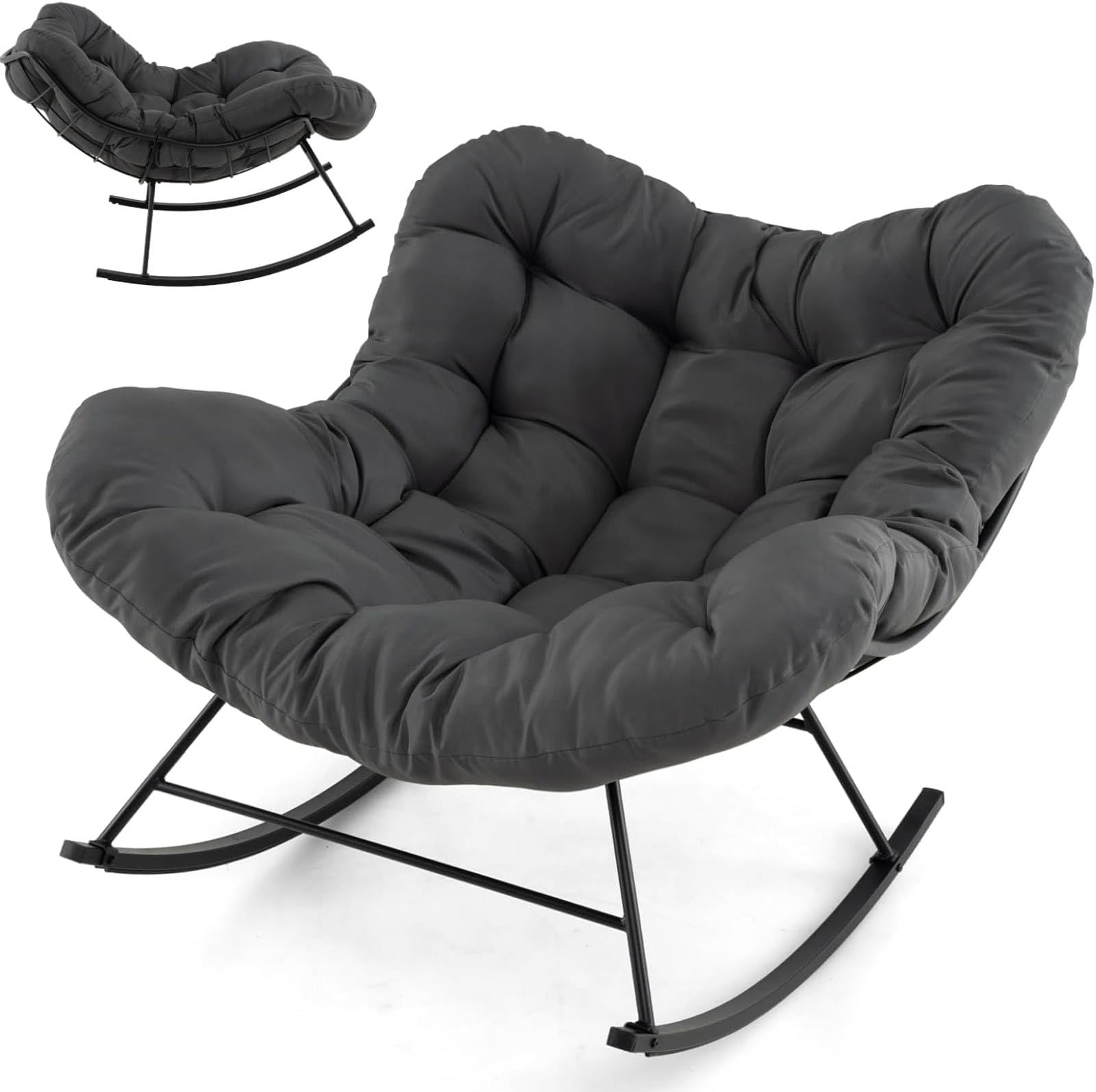 – Patio Rocking Chair, Outdoor Comfy Rocking Egg Chair with Thick and Removable Cushion, Oversized Patio Lounge Chairs for Living Room Balcon Yard Porch Sun Lounge (Dark Grey)