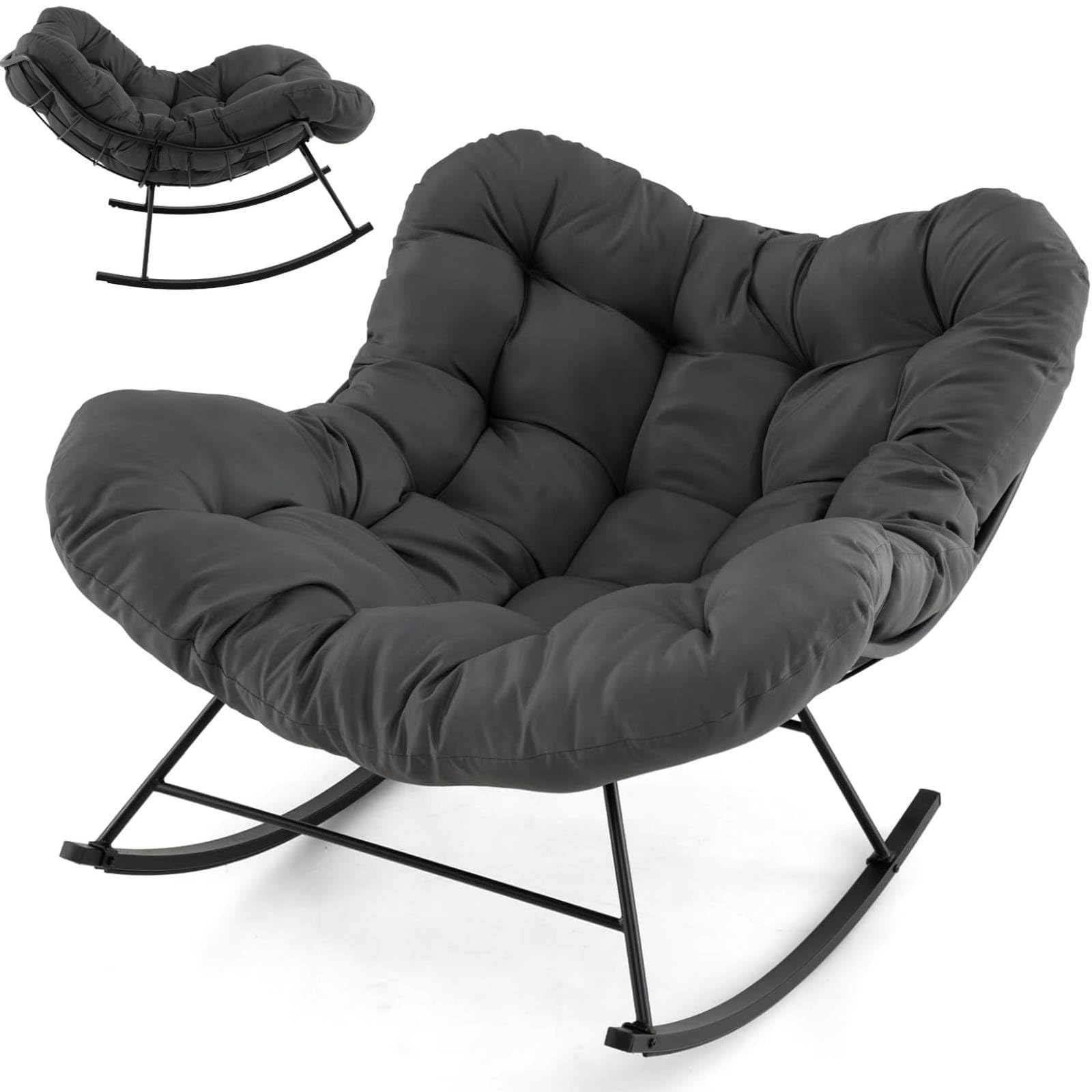 SFAREST Patio Rocking Chair, Outdoor Comfy Rocking Egg Chair with Thick and Removable Cushion, Oversized Patio Lounge Chairs for Living Room Balcon Yard Porch Sun Lounge (Dark Grey)