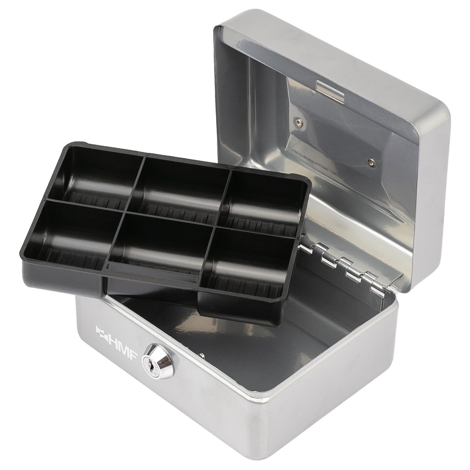 HMF Cassetta portavalori con chiusura a chiave, Cassa con inserto portamonete, 6 scomparti per monete | 15 x 12 x 8 cm | Argento