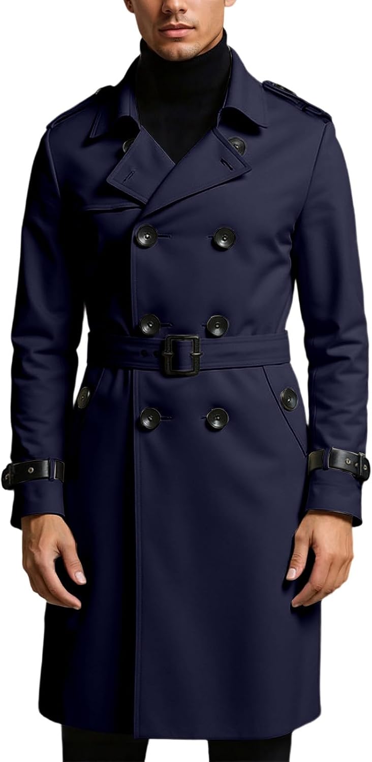 Trench Coat Men's Double Breasted Long Coat Slim Fit with Belt Lapels for Business Casual Suit Jackets Autumn Winter Long Jacket Warm Windbreaker Outdoor Stylish Long Coat Lightweight Cold Protection