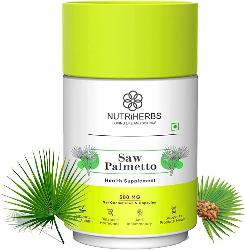 NUTRiHERBS Saw Palmetto 500mg Capsules - DHT Blocker for Hair Growth & Prostate Health Support – Hair Loss & Regrowth Supplement for Men & Women – 60 Capsules
