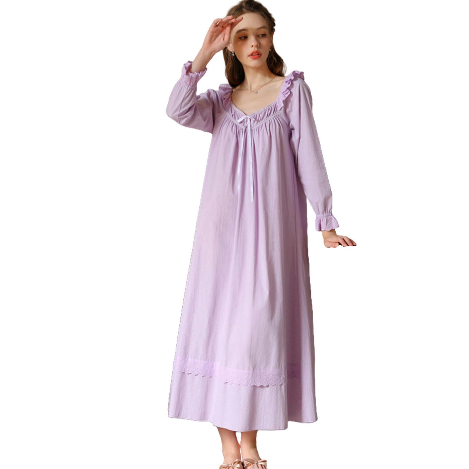 Camicia Notte Donna Nightdress Women's Spring And Autumn Autunno Sweet Princess Pigne Girls Long Dress Long Cotton-Viola-l