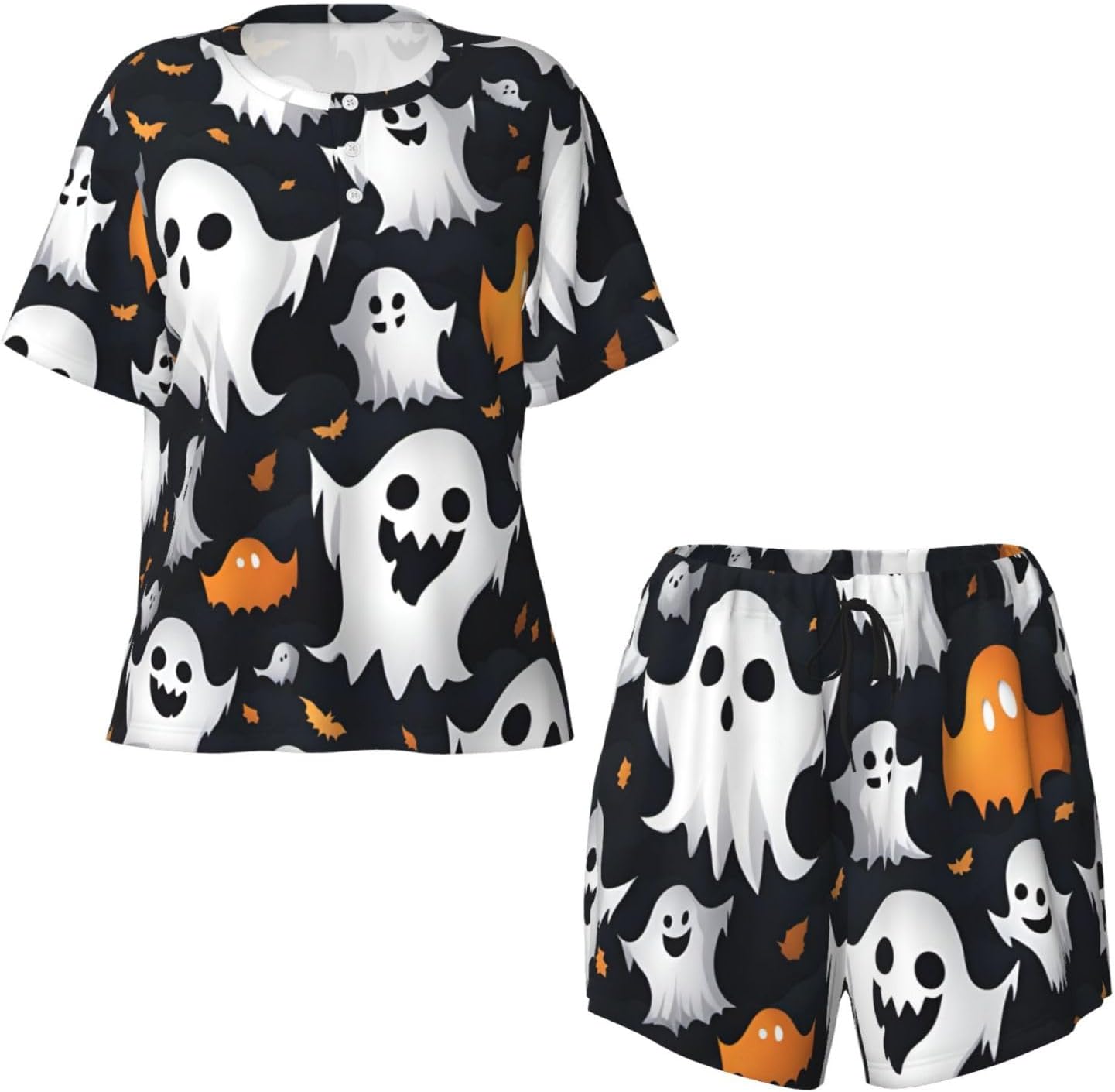 Women'S Cute White Ghost Halloween Pattern Print Pajamas Set,Womens Pj Sets,Loungewear Sets With Cooling Fabric