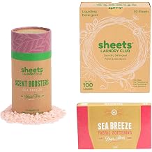 Sheets Laundry Club Bundle - 4 Pack Fresh Linen Detergent Sheets, 3 Pack Sea Breeze Dryer Sheets & 4 Pack Sea Breeze Scent Booster - New Liquidless Technology