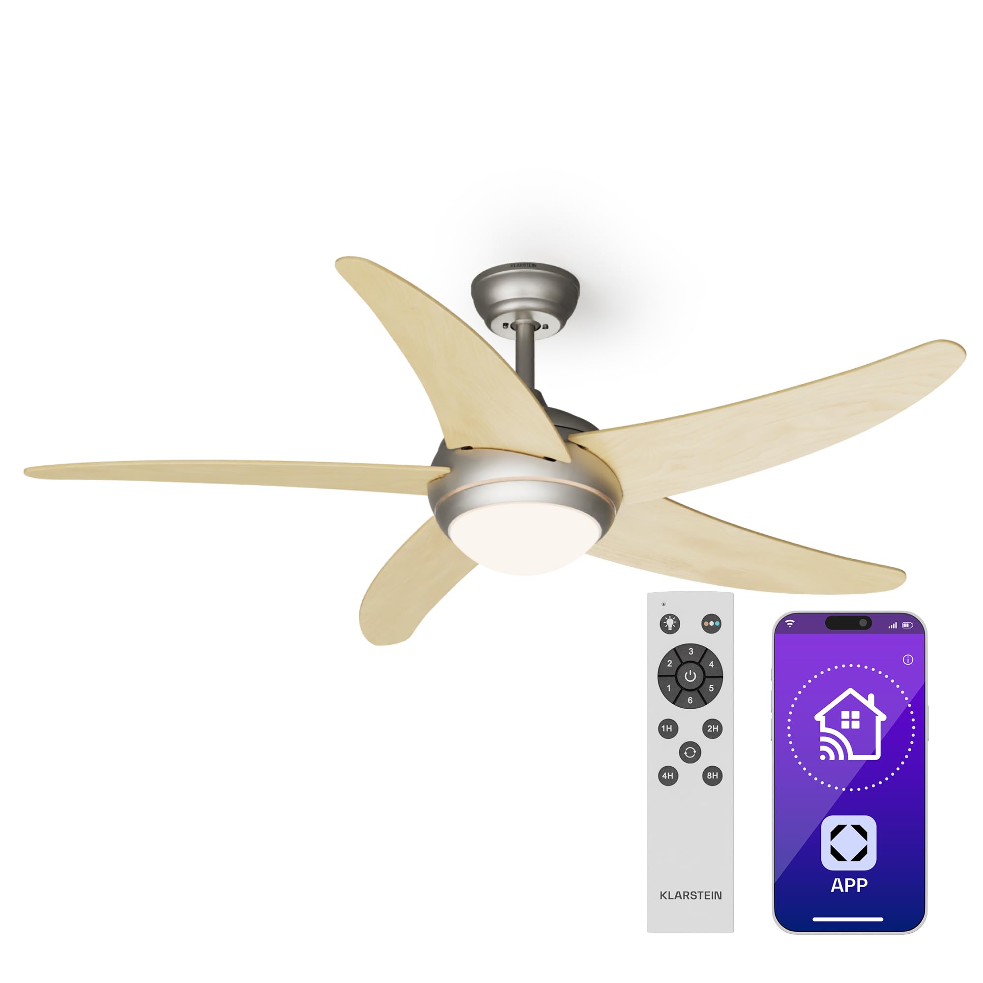 KLARSTEIN Bolero Ventilatore da Soffitto con Luce e Telecomando - 132cm, 6 Velocità, Modalità Estiva/Invernale, Silenzioso, Smart App, Design Elegante, Montaggio Flessibile, Acero