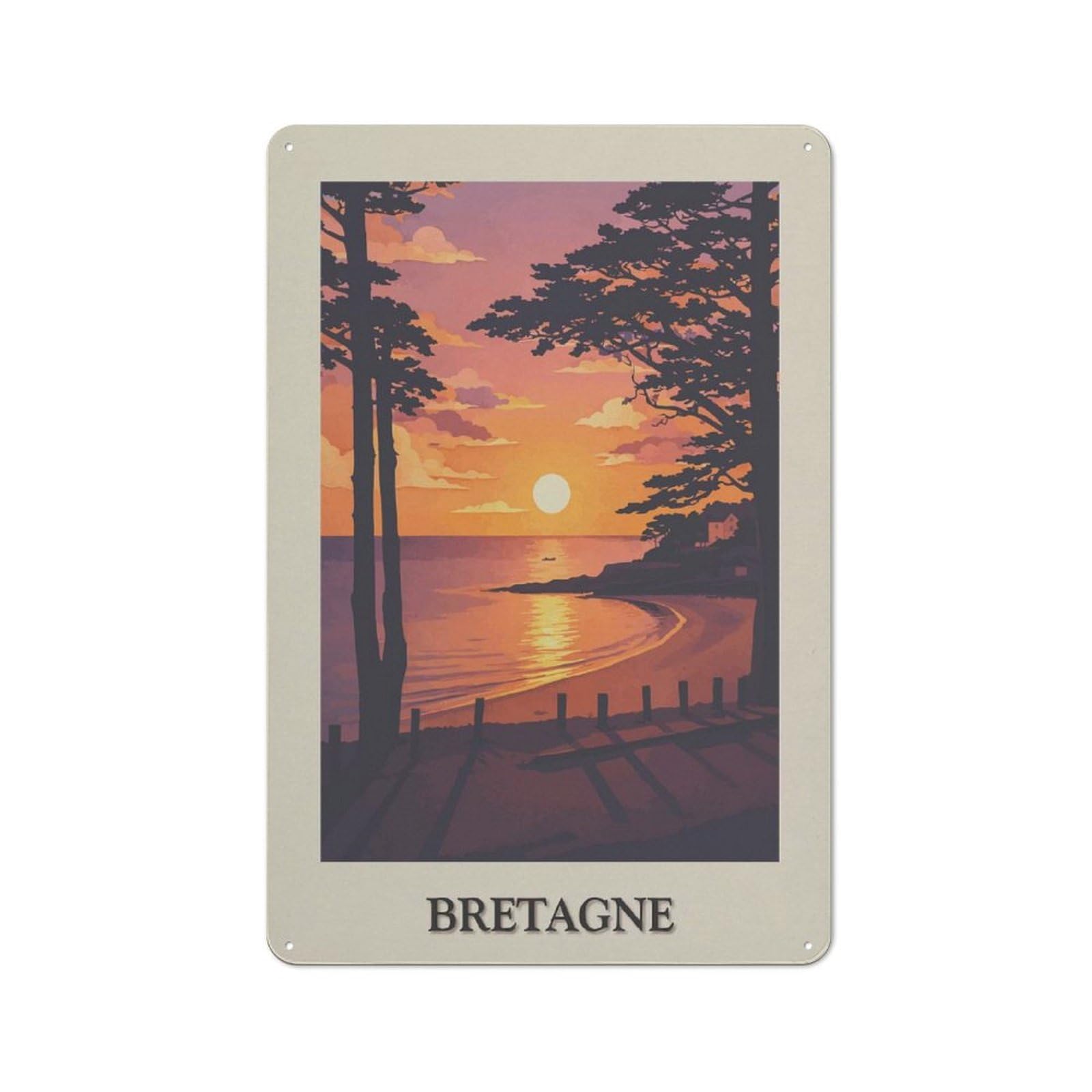 Retro Metal Wall Plaque 30x20cm Featuring Bretagne Sunset Beach Landscape Art, Room Wall Plaque for Hallway, Home Bar, Garage Or Study