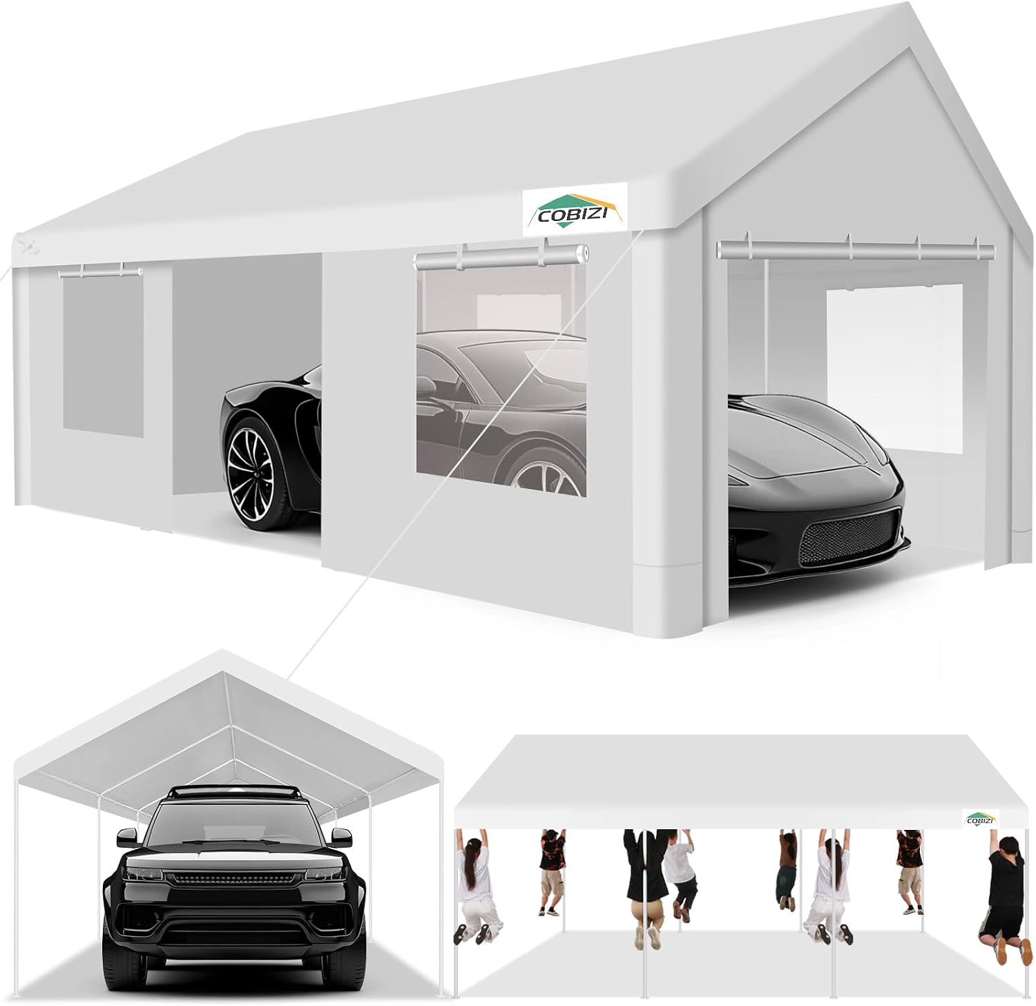 COBIZI Car Ports 12x20 Heavy Duty Portable Garage, Upgraded Car Canopy with Removable Sidewalls, Ventilated Windows & Built-in Sandbags, Waterproof All-Season Tarp, Car Tent for Truck, Boat, White