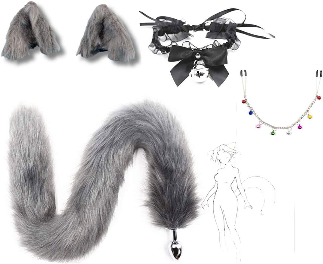 Artificial Cat Ears Hair Pin Fur Wolf Fox Tail Halloween Bell Neck Item Body Chain Cosplay Set Bedroom Women B istan 2-Tt P-L-U-G Toy (Size-S)