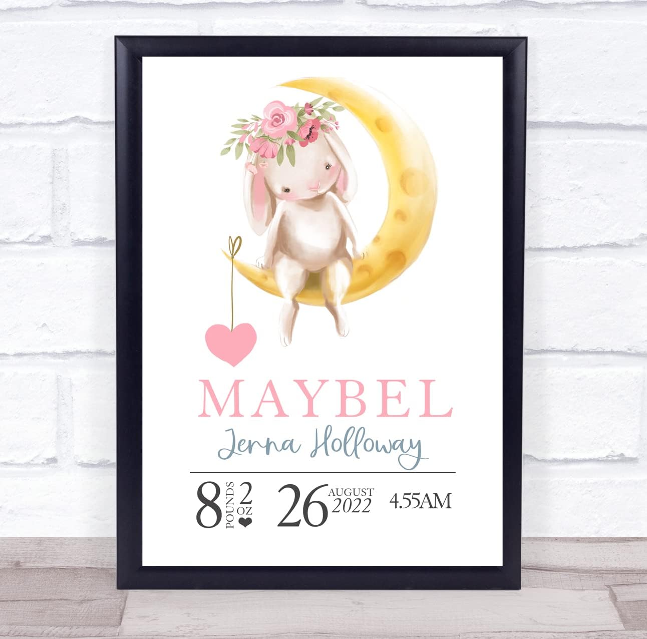 New Baby Birth Details Christening Nursery Moon Bunny Keepsake Gift Print
