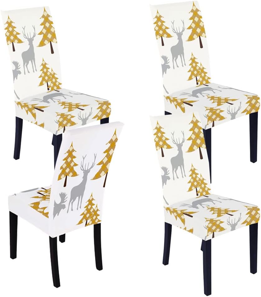 Set of 4 Christmas Dining Room Chair Covers Slipcovers Stretch Removable Washable Spandex Christmas Tree Reindeer Parson Chairs Slipcovers Seat Protector Decor for Ceremony Holiday (White, Set of 4)