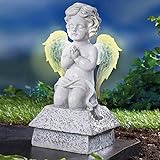 TRI Betender Engel, Engelfigur mit leuchtenden Flügel, Solar- Dekofigur Grabschmuck Gedenkstein Grab, Kunststein, wetterfest, 25 cm