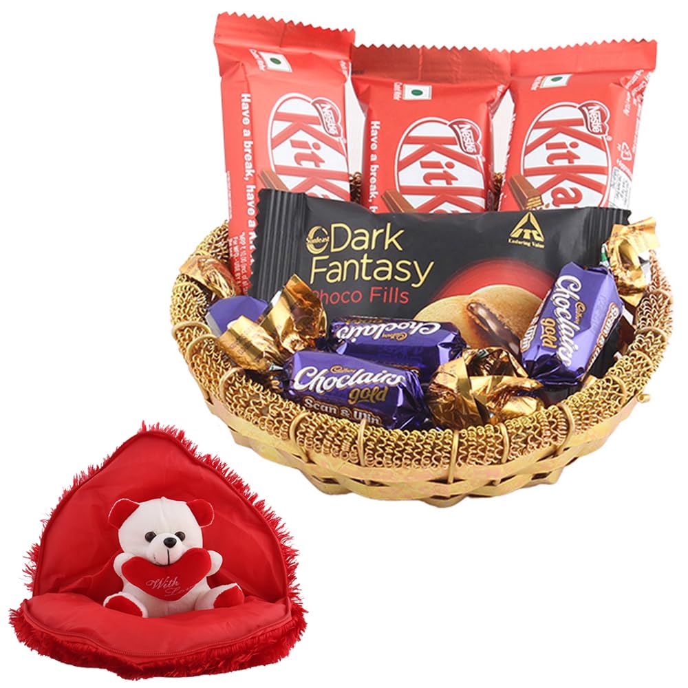SFU E Com Nestle Kitkat With Creamy Dark Fantasy | Valentine Gift Combo With Heart Teddy Bear | Valentine Chocolate Gift For Boy Friend, Girl Friend, Fiance, Husband, Wife | 1129