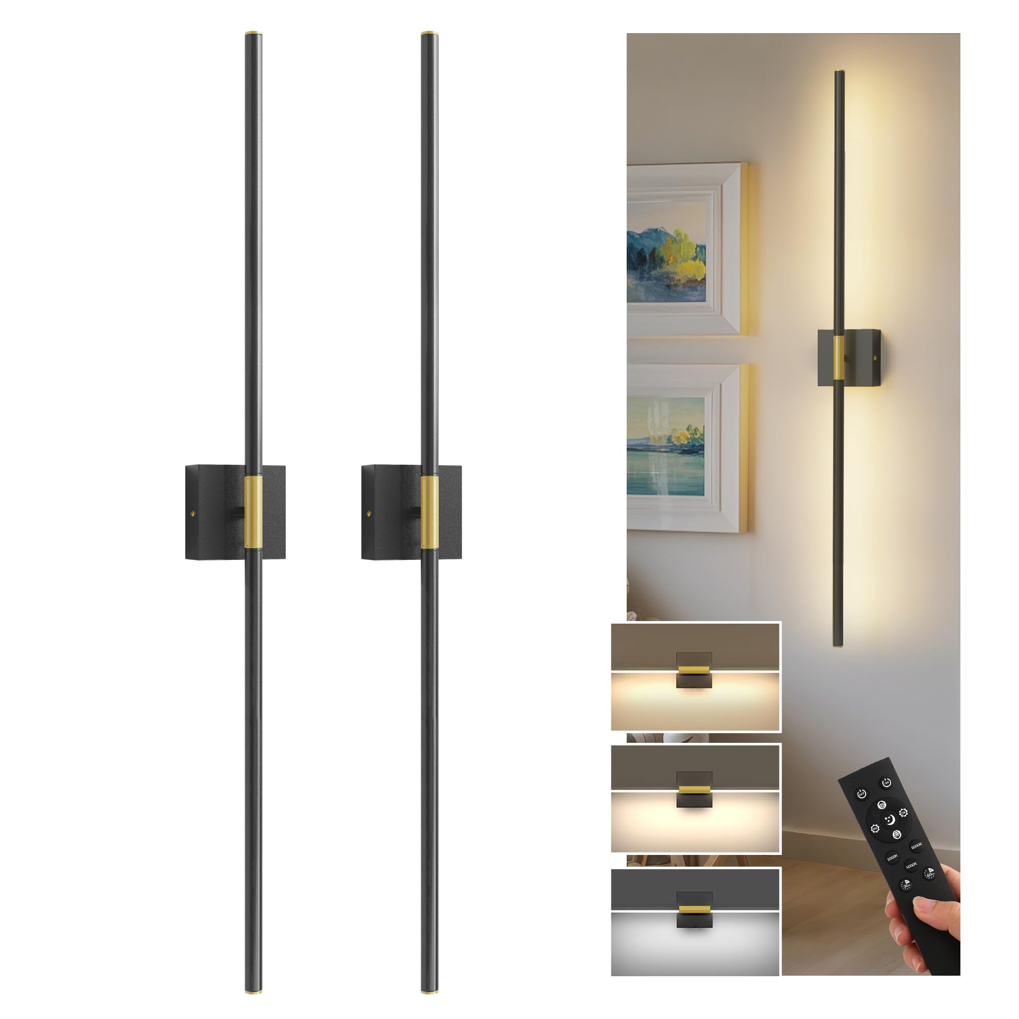 L LOHAS LED Battery Operated Wall Sconces Set of 2, Battery Wall Sconce 10000mAh, Gold and Black Rechargeable Sconces 3CCT, 31.6 Inch Wireless Wall Lights, Sconce Wall Decor for Bedroom, Living Room