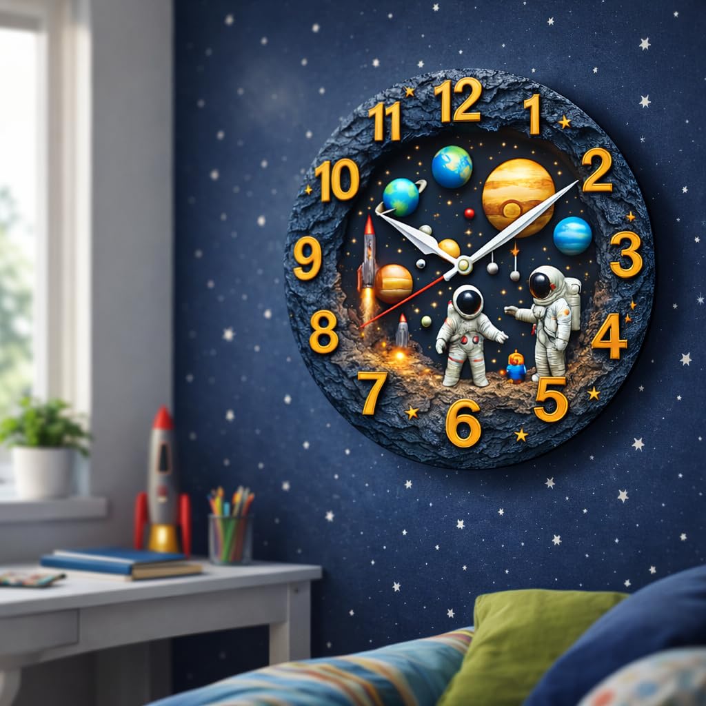 TERA MERA GIFT Kids Space Wall Clock for Bedroom 12 Inch Silent Movement Decorative MDF Timepiece for Boys Girls Study Room Gift 1