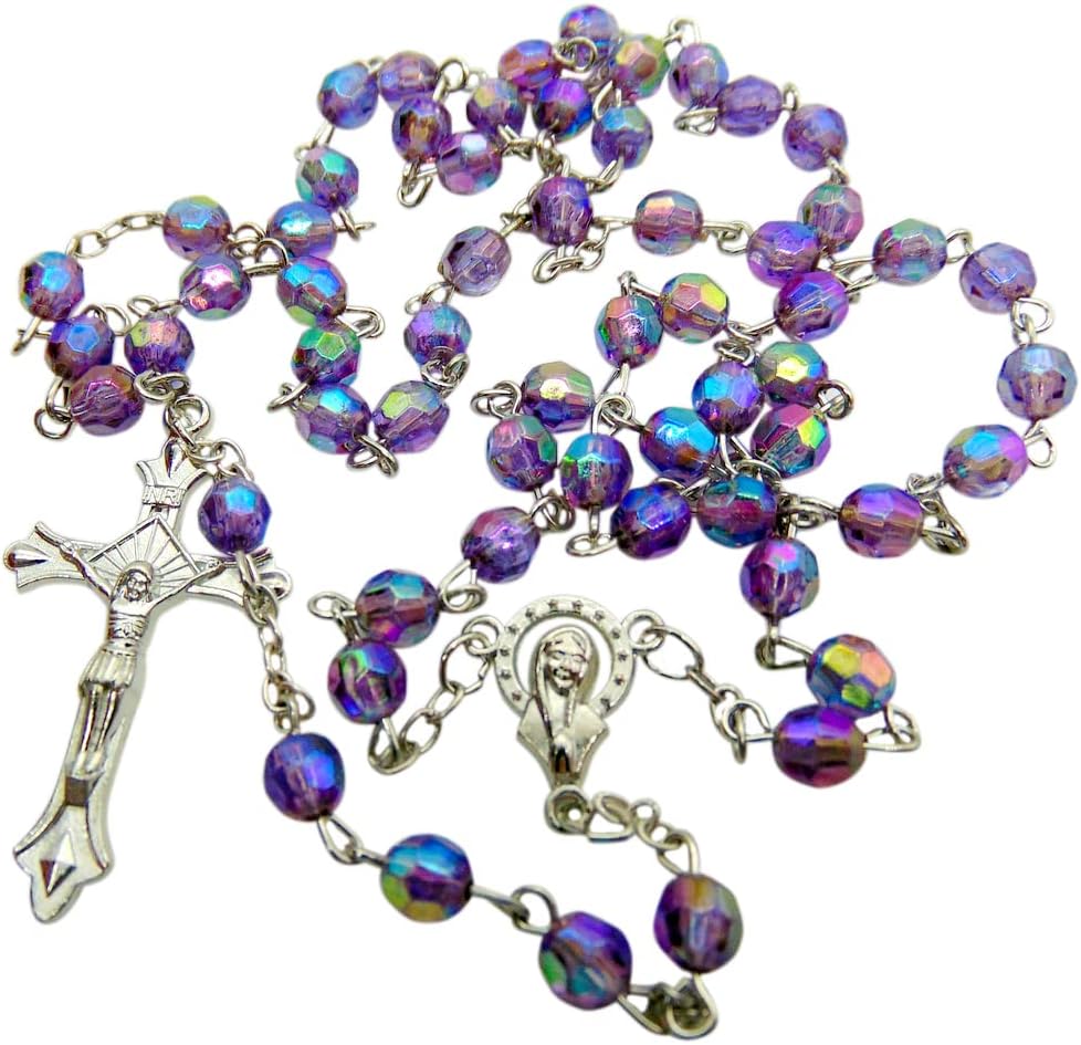 Westmon Works First Communion Purple Acrylic Bead Rosary with Metal Mary Centerpiece and Crucifix Set with Drawstring Bag and Holy Prayer Card