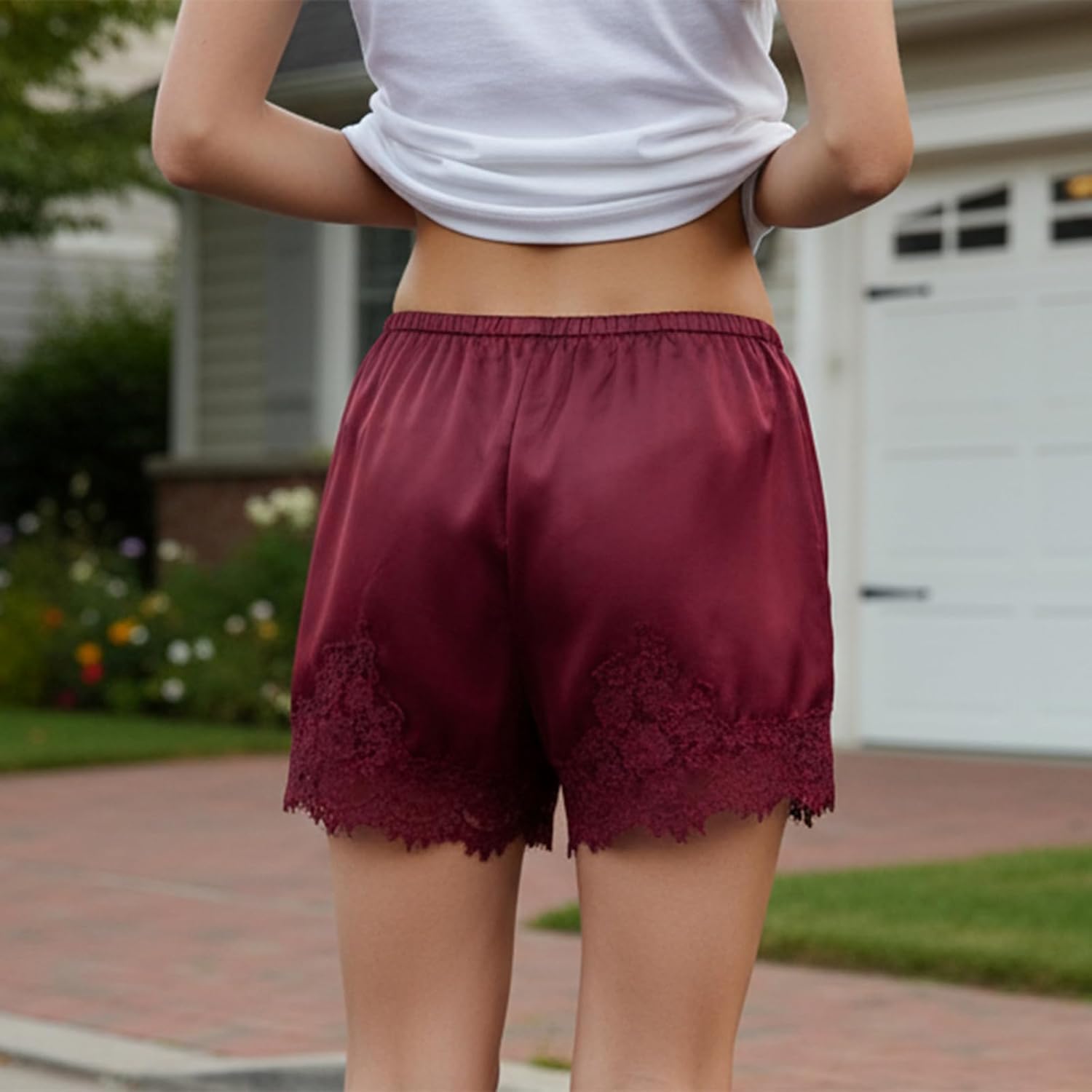 Women Silk Lace Trim Shorts Elastic Waist Y2k Cute Fairy Half Slip Coquette Pajamas Bottoms - Image 4