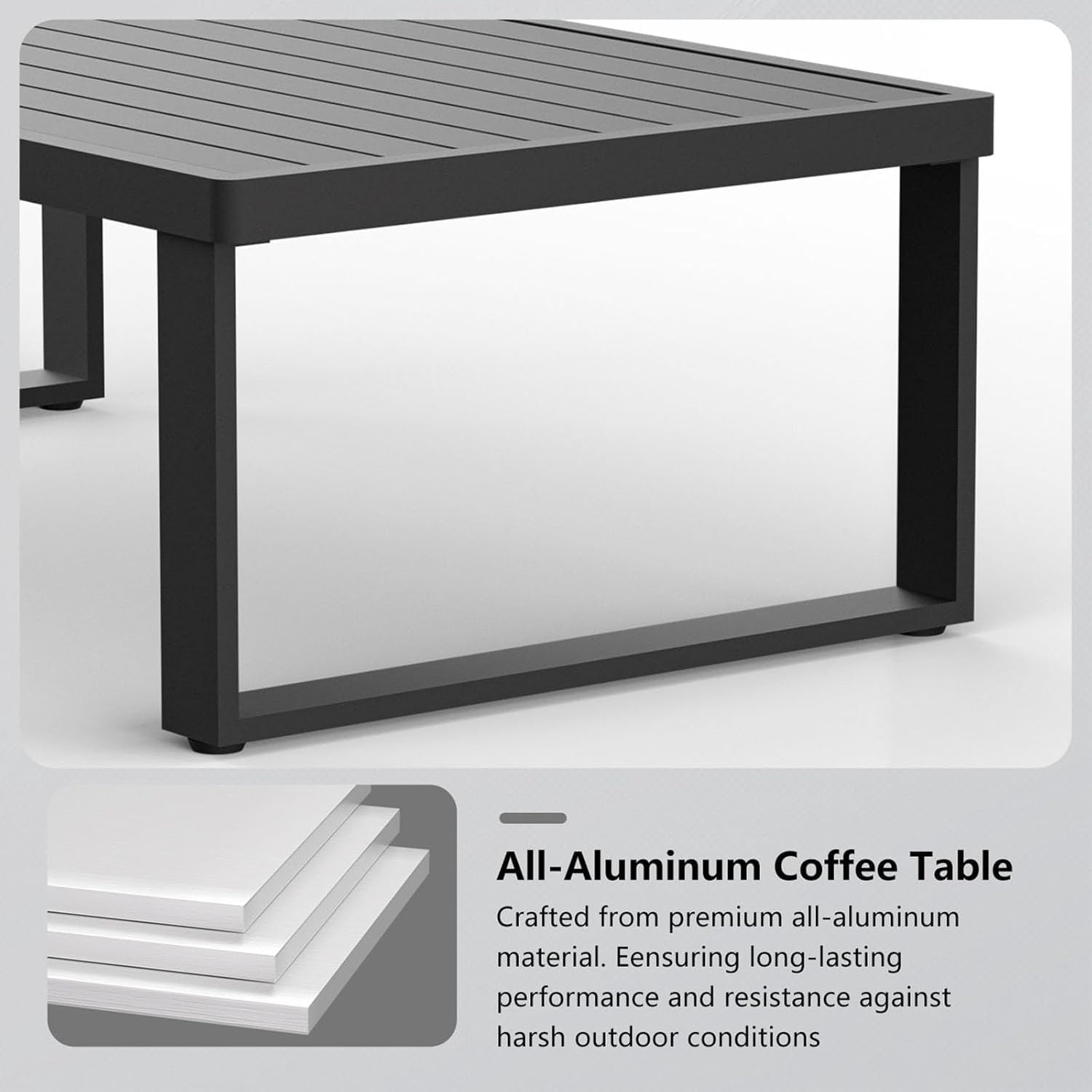 Aluminum Outdoor Patio Coffee Table for Deck and Poolside(Black, All-Aluminum)
