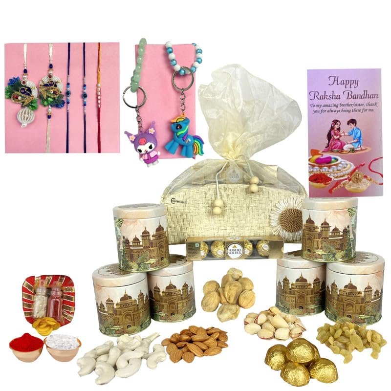 Image of NUTRI MIRACLE Rakhi Gift Hamper with Dry Fruits Chocolates Nuts in Printed Tin Jar - For Brother & Bhabhi