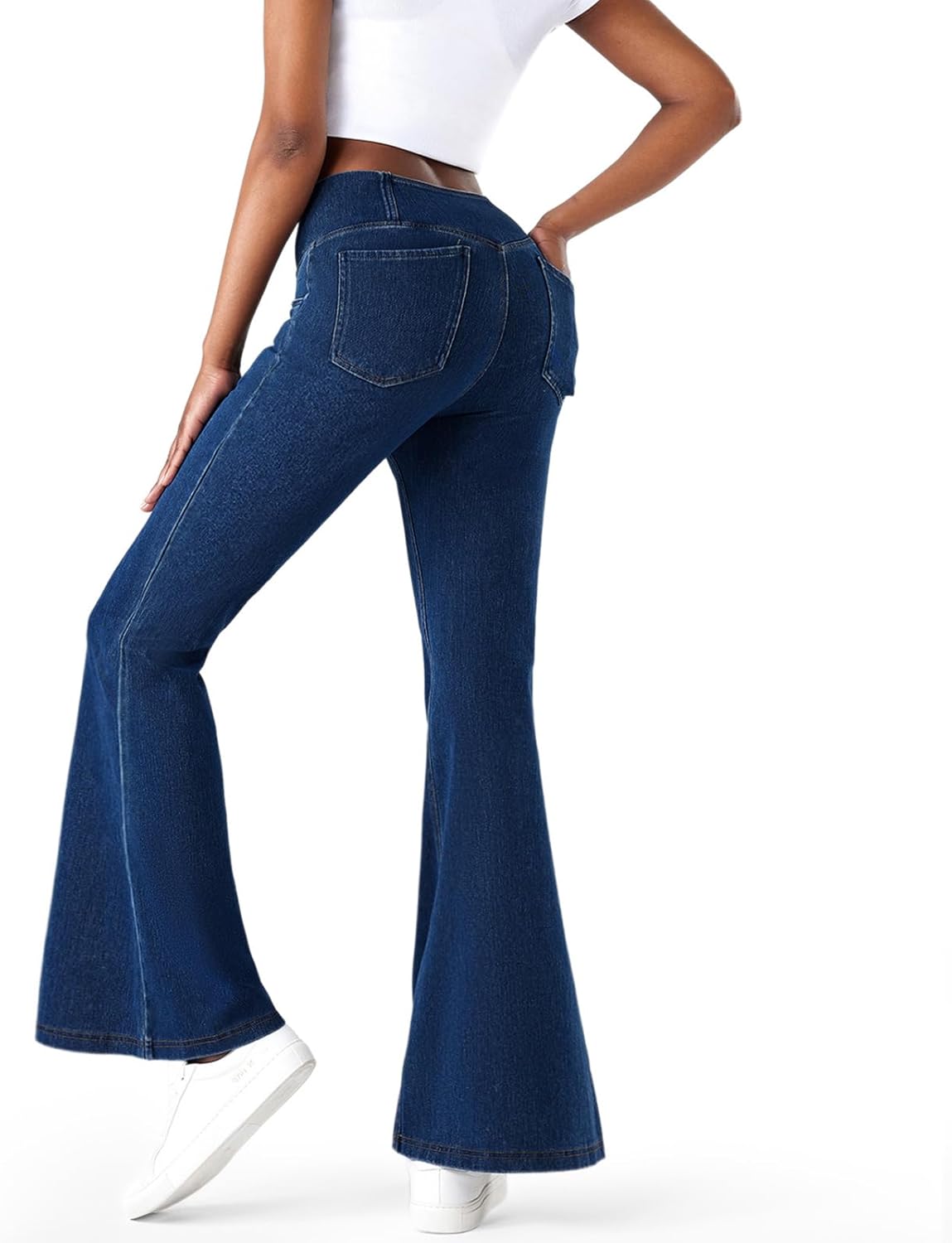 Fanica Women's High Rise Flare Bell Bottom Jeans with Elastic Waist, Bootcut Stretch Knit Pull On Jeggings with Pockets