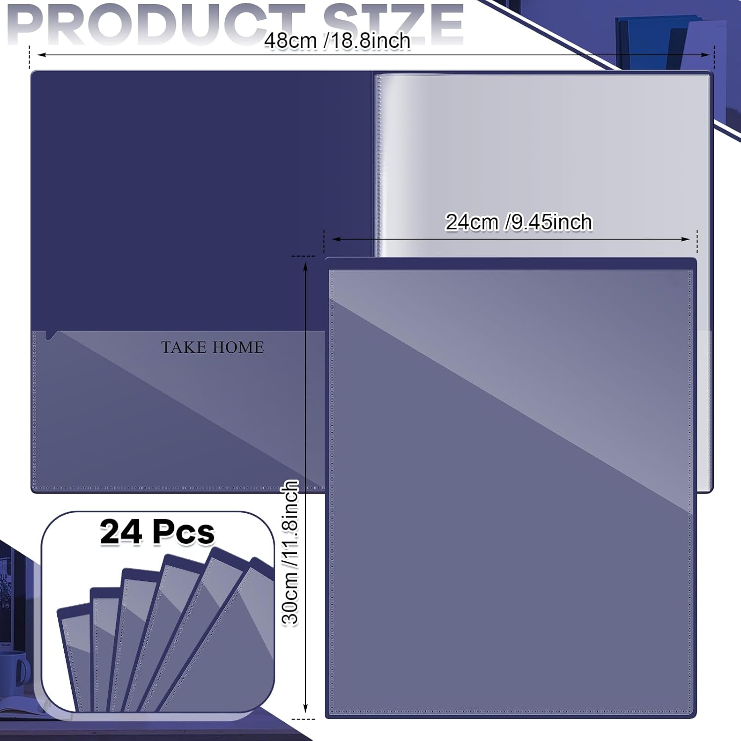 Henoyso 24 Pcs School and Home 2 Pocket Folders with 4 Clear Inner Pockets Plastic Heavy Duty Homework Folders Parent Teacher Communication for Student Home Office Classroom,11 x 9 Inch (Navy Blue)