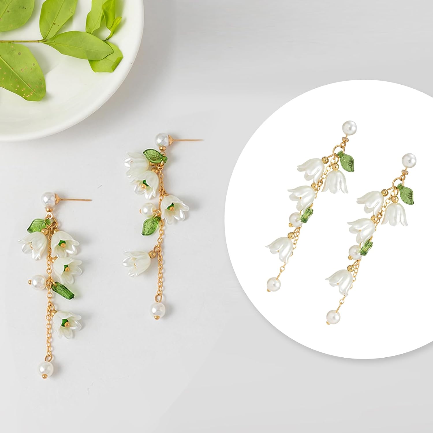 3 Pairs Long Flower Dangle Earrings for Women,Flower Tassel Earrings,Pearl Floral Drop Earrings,Cherry Blossom Bride Wedding Jewelry - Image 4