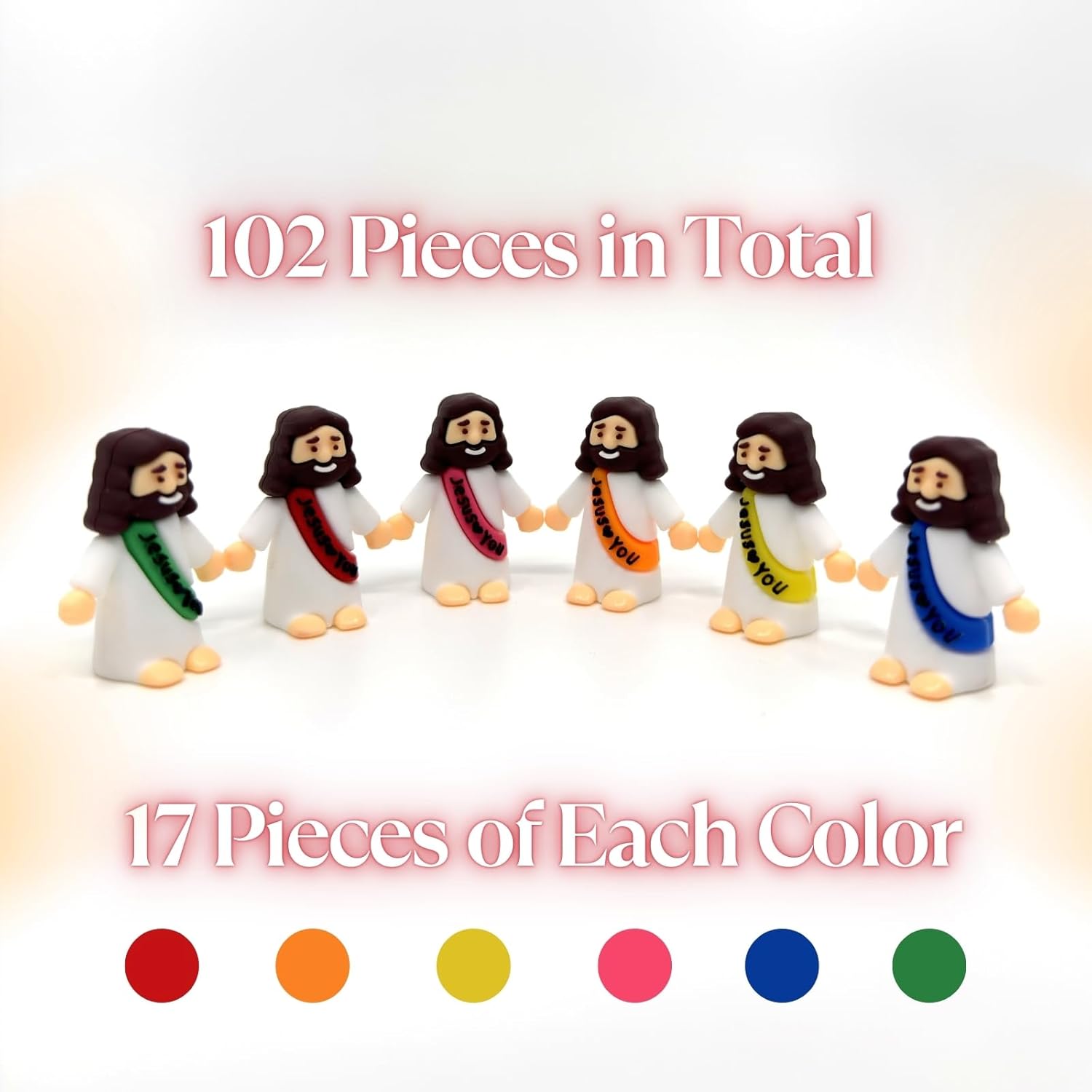 Mini Jesus Figurines Bulk 102 Pack | Little Jesus Loves You Figures in Silk Carry Bag | Church Giveaways, Sunday School Rewards & Stocking Stuffers | 6 Vibrant Colors