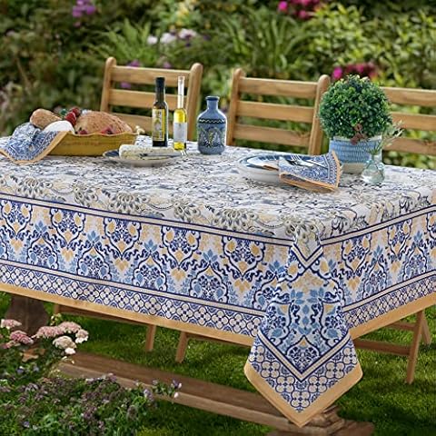 Home Bargains Plus Provence Allure Arabesque Yellow and Blue Floral Bordered Country French Fabric Tablecloth, Indoor Outdoor, Stain and Water Resistant, 60” x 120” Oblong/Rectangle Cover