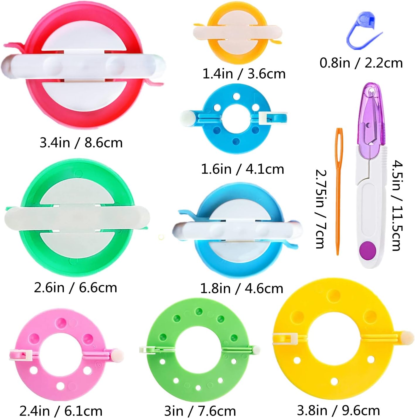 Pompom Maker Kits, Pom pom Knitting Loom Kit Fluff Ball Weaver Needle Craft DIY Knitting Crochet Craft Tool Kit, 8PS Pompom Maker+10PS Knitting Markers+10PS Needles+2PS Scissors (30)