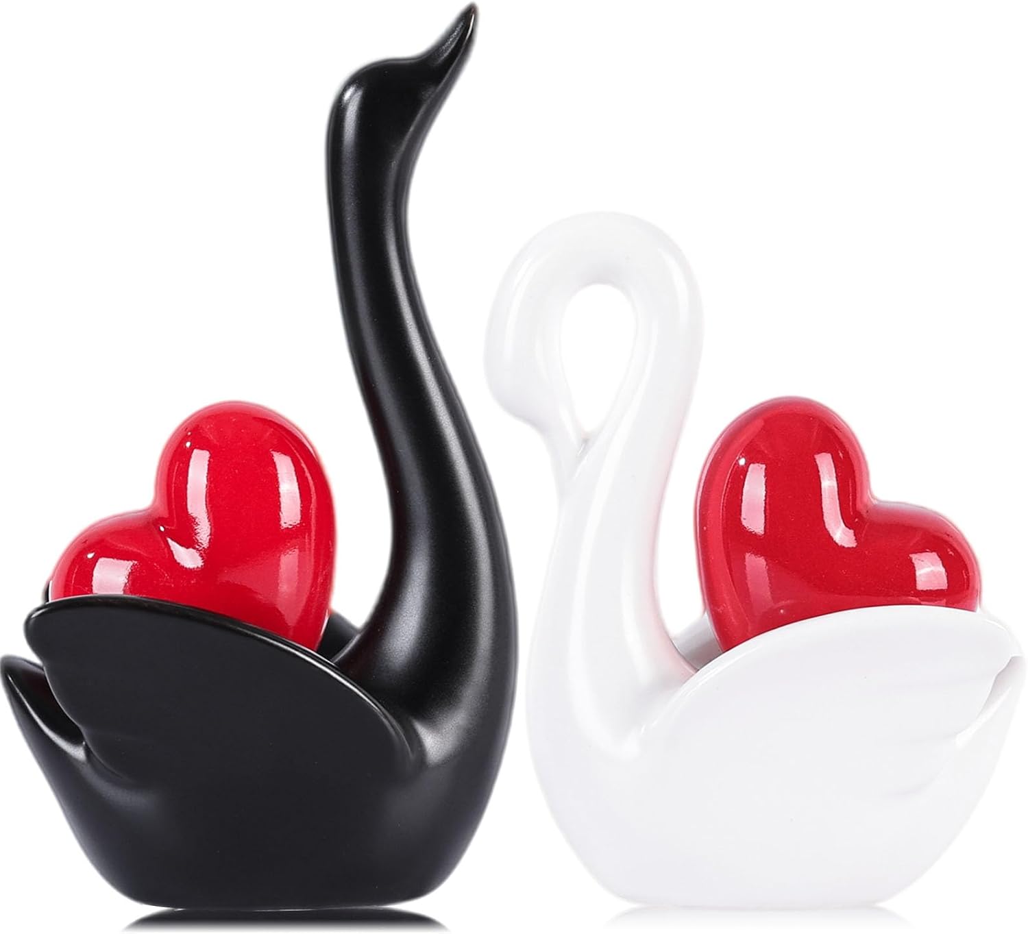 2pcs Ceramic Swan Couple Figurines,Elegant Swan with Gold Heart Statue,Wedding Gifts for Couples 2025,Mini Couple Statues Gifts for Newlyweds,Bedroom Dresser Shelf Decor Knick Knacks (Black White Red)