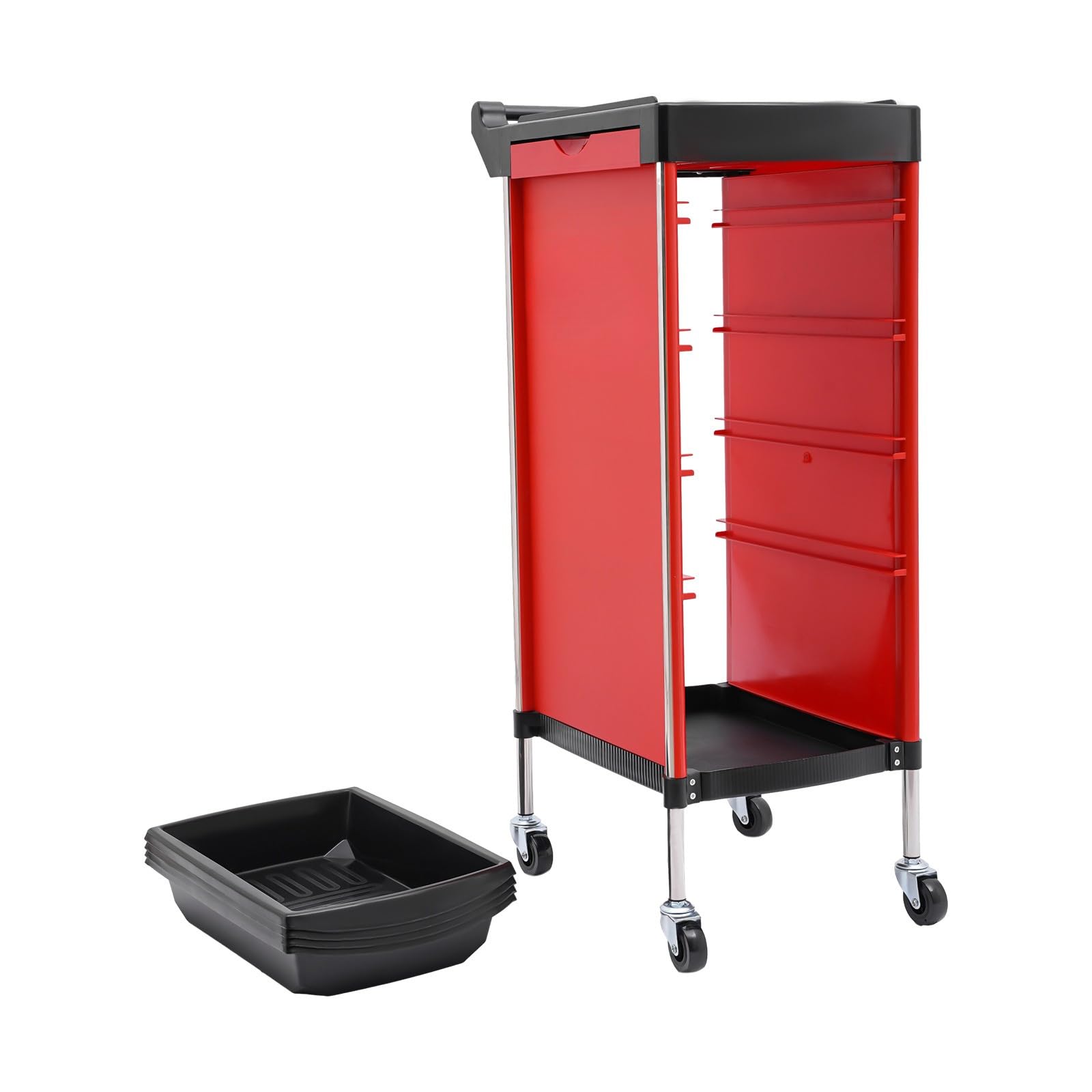 6 Etagen Friseurwagen mit 4 Schubladen und Räder, Bedienungswagen, Friseur Arbeitswagen Drehbar, Beauty Salon Trolley, Friseur Zubehör, Einziehbare Ablagen, 36 x 37 x 85cm (Rot)