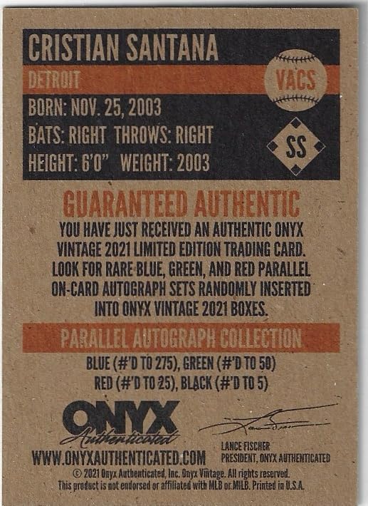 Christian Santana Onyx Vintage Autographed Collectible Baseball Card - 2021 Onyx Vintage Baseball Card #VACS (Tigers)