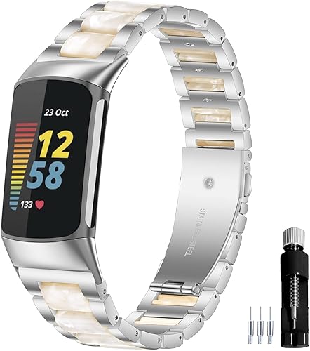 Correa de reloj de resina de acero inoxidable compatible con Fitbit Charge 5, correa de metal de repuesto para mujeres y hombres