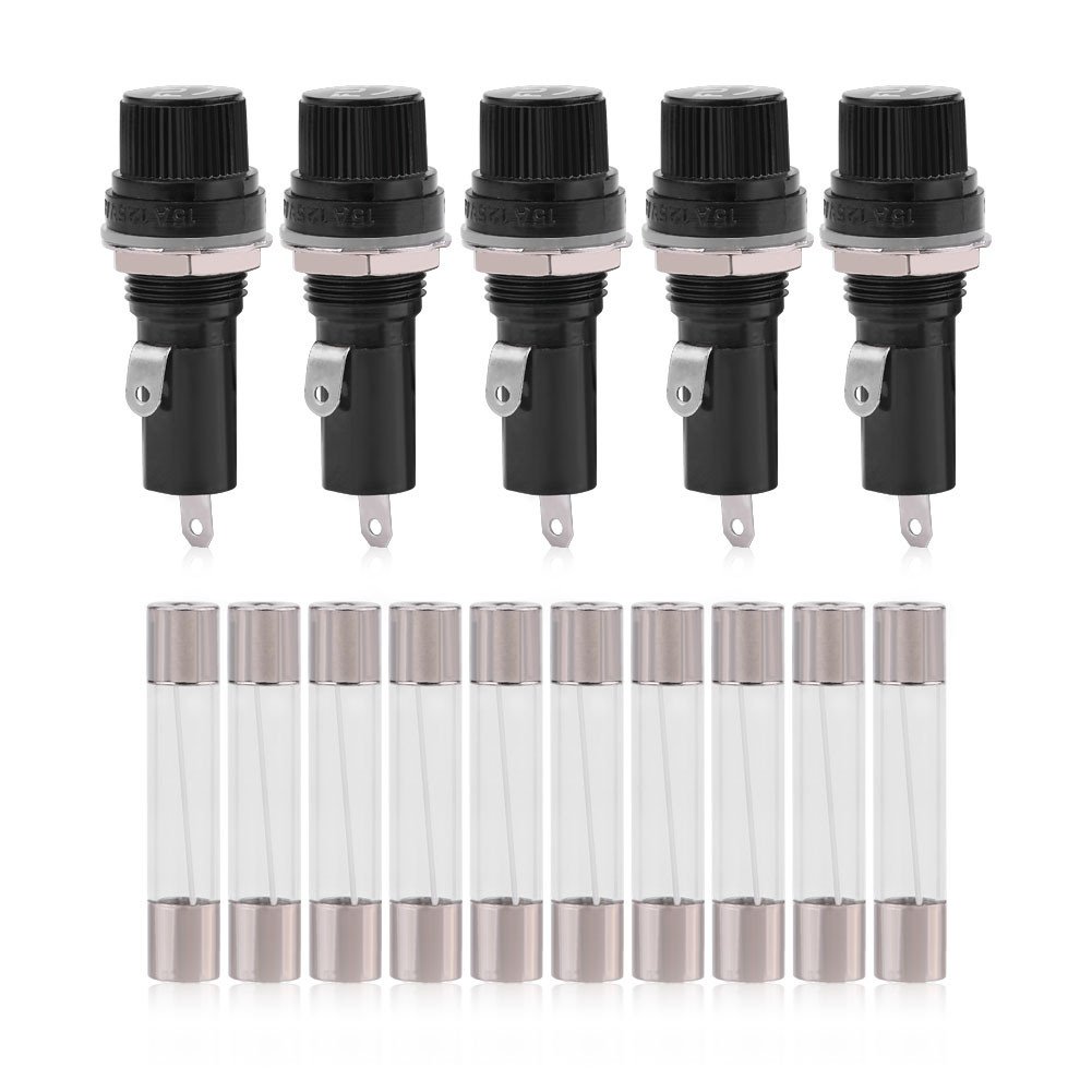 Portafusibile Da Pannello 5 Pezzi Qiilu Per Fusibili In Vetro 6x30mm | 250V 10A E 125V 15A, Con Fusibili Inclusi