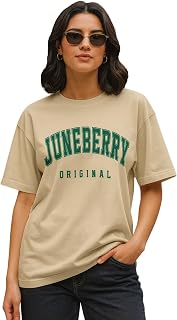 JUNEBERRY® Pure Cotton Oversized Drop Shoulder Brand Logo Typography Print Round-Neck Baggy Fit T-Shirt for Women (Availab... Price In India