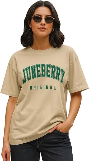 JUNEBERRY® Pure Cotton Oversized Drop Shoulder Brand Logo Typography Print Round-Neck Baggy Fit T-Shirt for Women (Availab...
