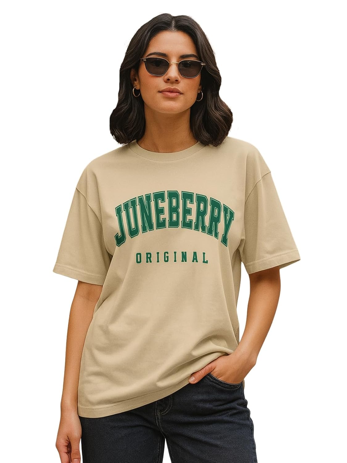 JUNEBERRY® Pure Cotton Oversized Drop Shoulder Brand Logo Typography Print Round-Neck Baggy Fit T-Shirt for Women (Availab...