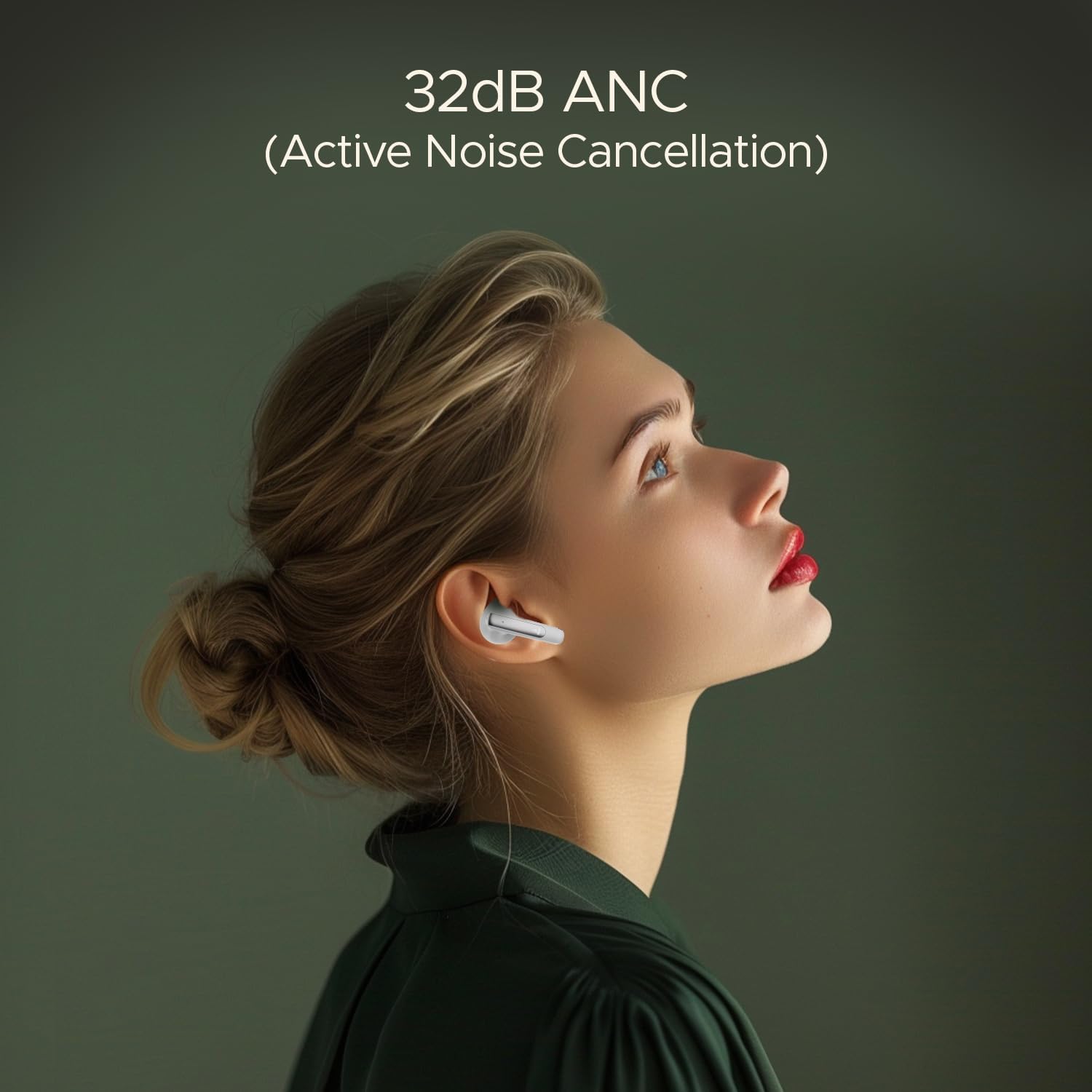 Woman wearing Airdopes 141 ANC earbuds with text '32dB ANC (Active Noise Cancellation)'