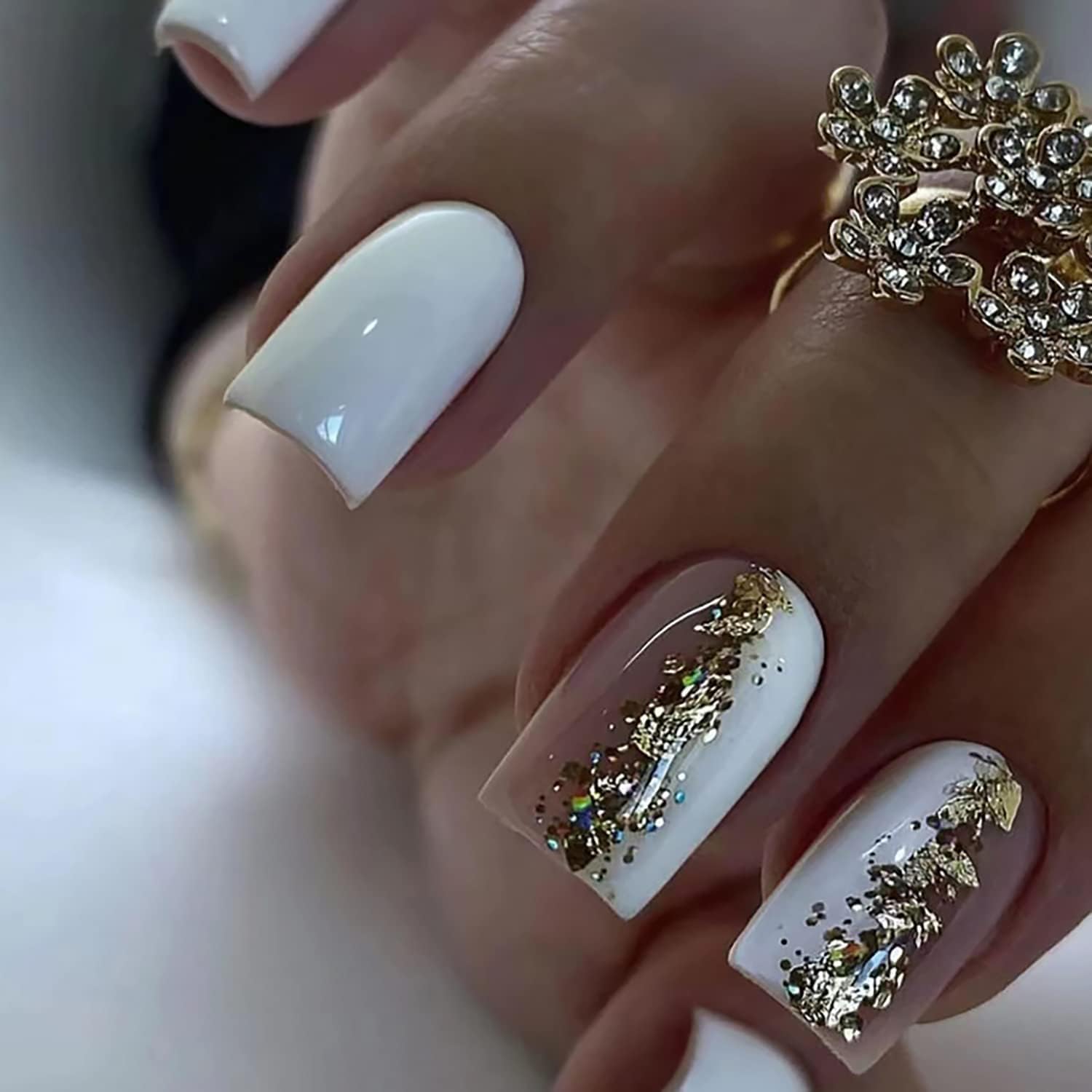 Elegant White Gold Glitter Press On Nails for Women | 24 PCS Reusable French Style Fake Nails | Full Cover Artificial Nails with Adhesive Tabs | Salon Quality Finish
