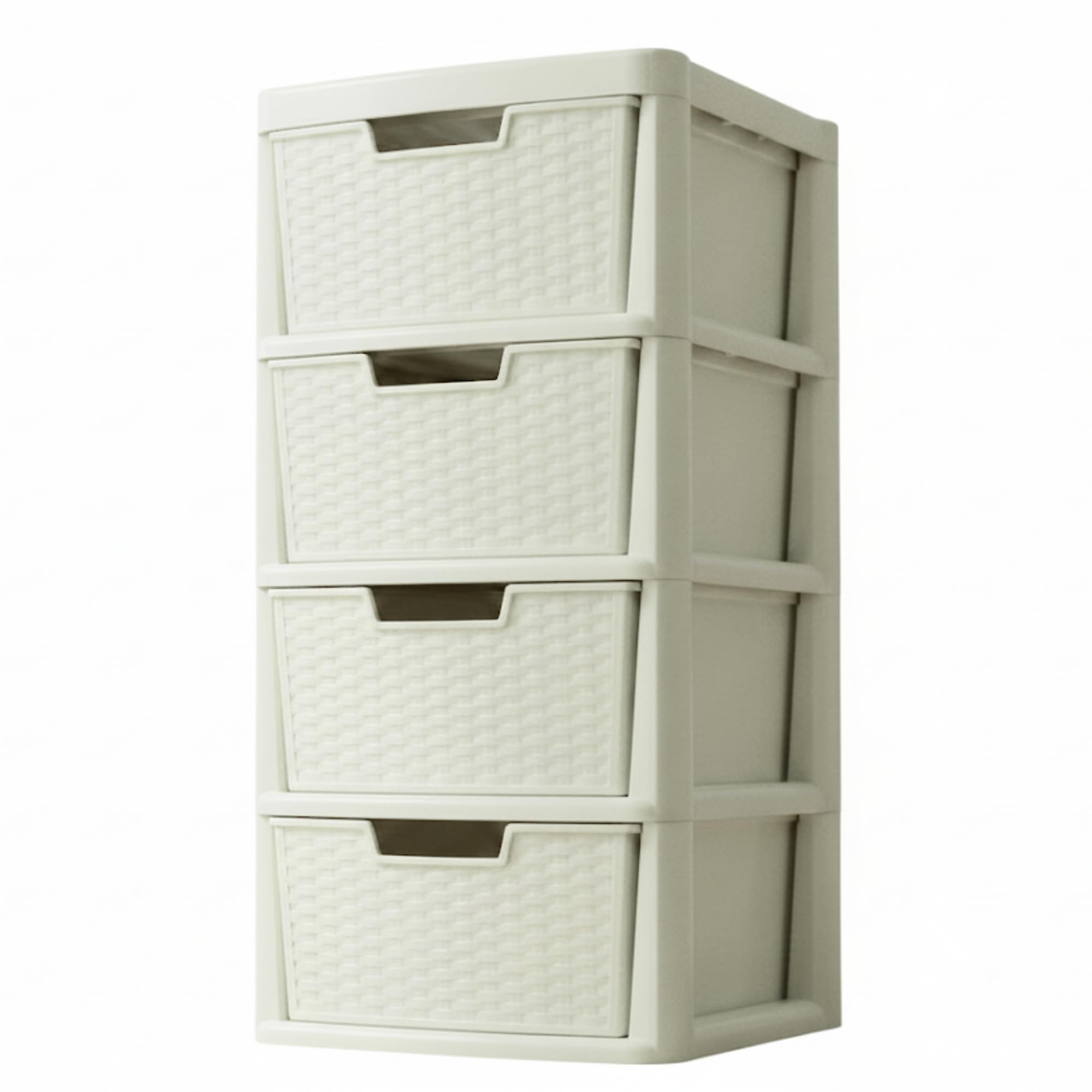 KYY'Z - Large Plastic Rattan Storage Drawers Unit with Deep Pull-Out Baskets - Durable Multipurpose Cabinet Organizer for Home Office, Bedroom, Bathroom, Garage, Utility Room (Rattan/Cream, 4 Tier)