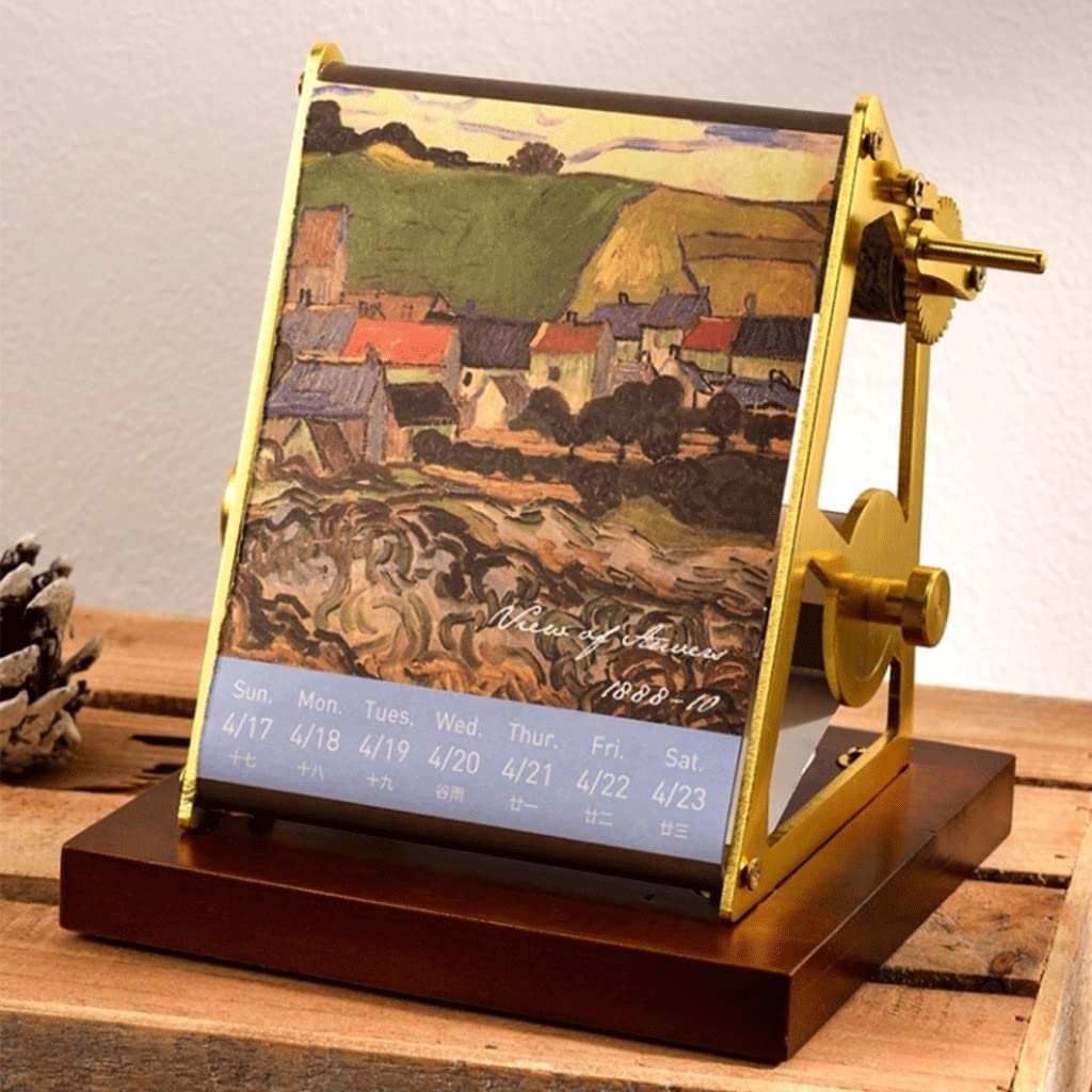 ZQDMYT Ölgemälde-Tischkalender 2022,5.2"x5.3 x4.4, handgekrankter mechanischer Drehkalender mit Massivholzbasis, kreatives Geschenk