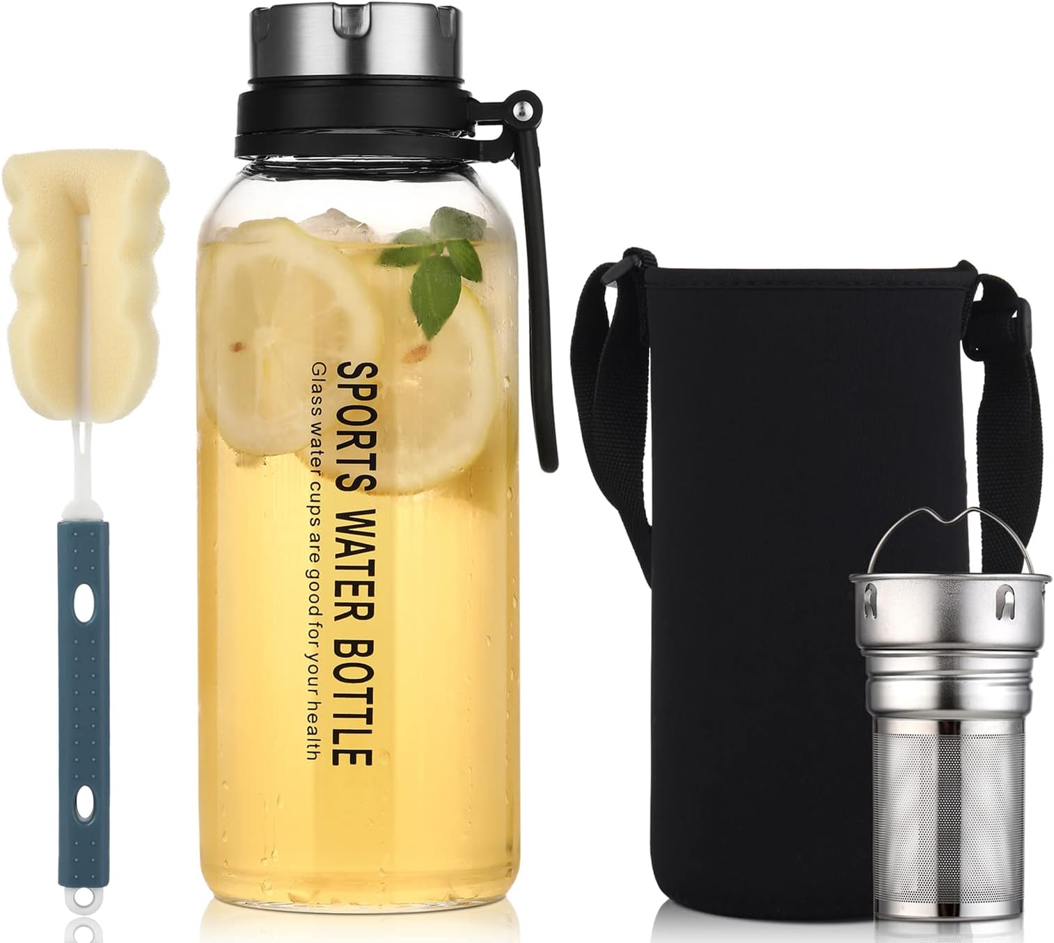 Large Glass Infuser Water Bottle,Glass Tea Tumbler with Strainer and Neoprene Sleeve, Sport Water Bottles for Gym Hiking Camping