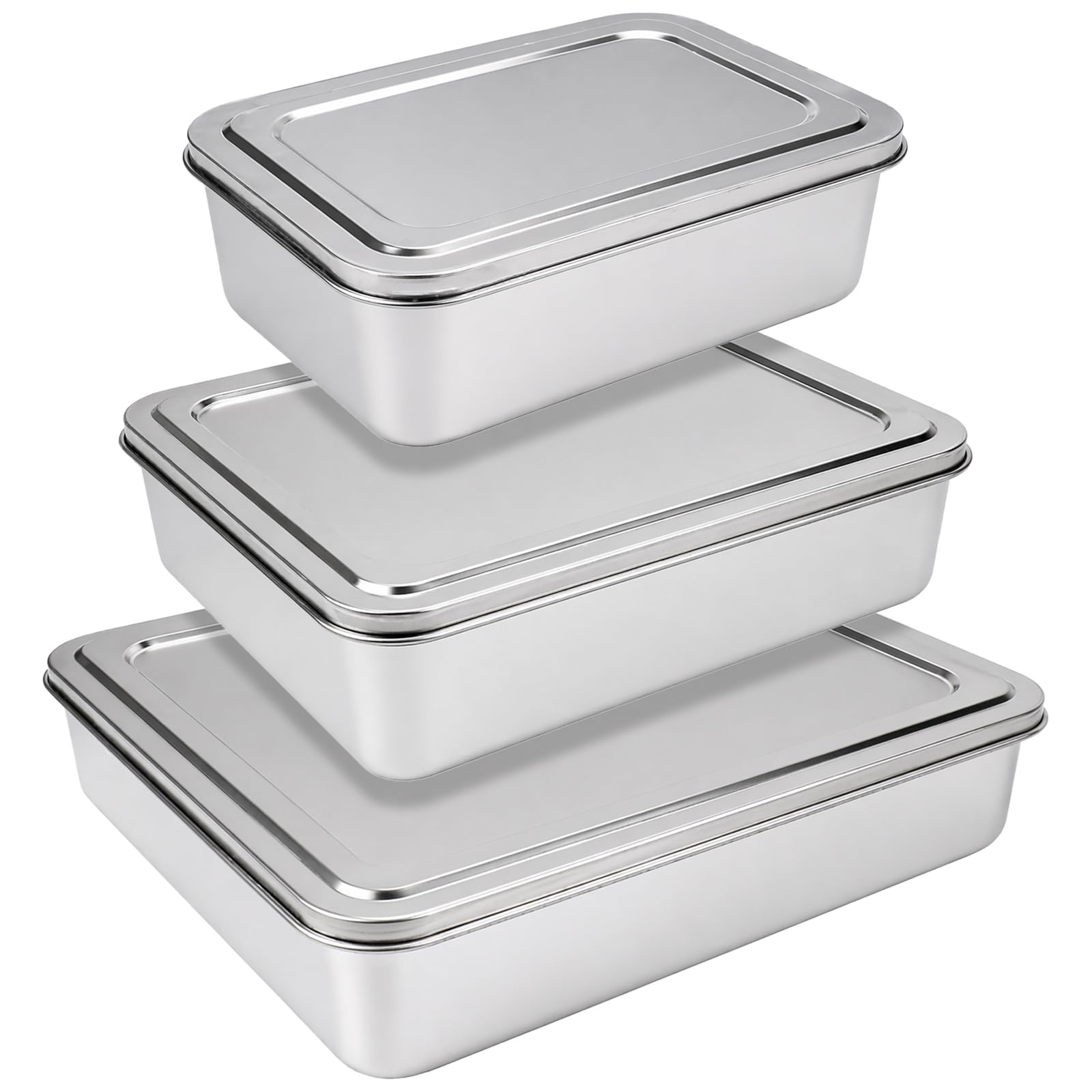 3 Set Stainless Steel Baking Tray with Lids, 7/5/2 L Deep Oven Roasting Tin