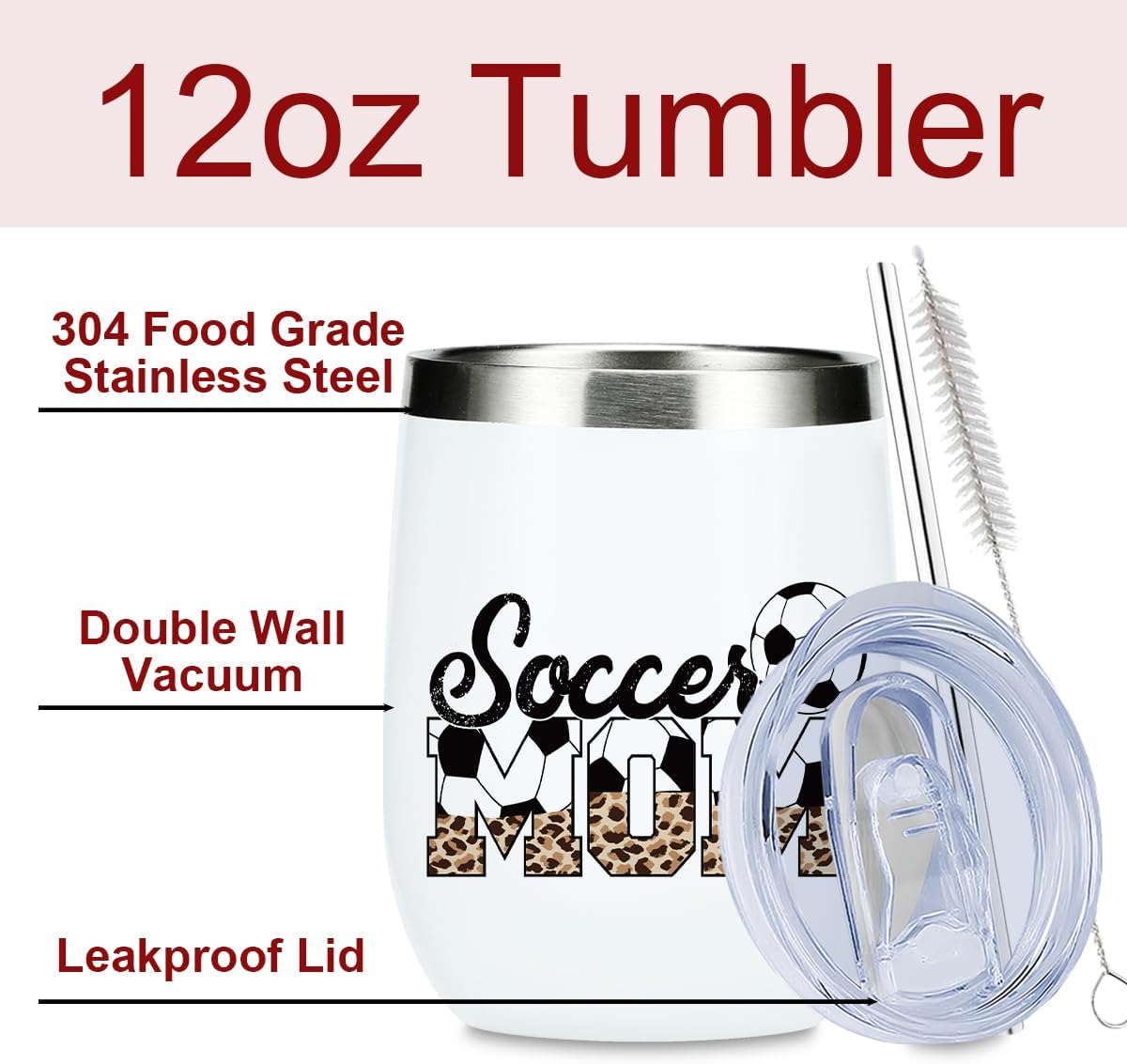 Funny Soccer Mom Essentials 12 oz Tumbler, Wine Tumbler Insulated Wine Glass with Lid, Mom Gifts Leopard Print Thank You Gifts for Women Mommy Mama Soccer Team Player Christmas Birthday Appreciation - Image 2