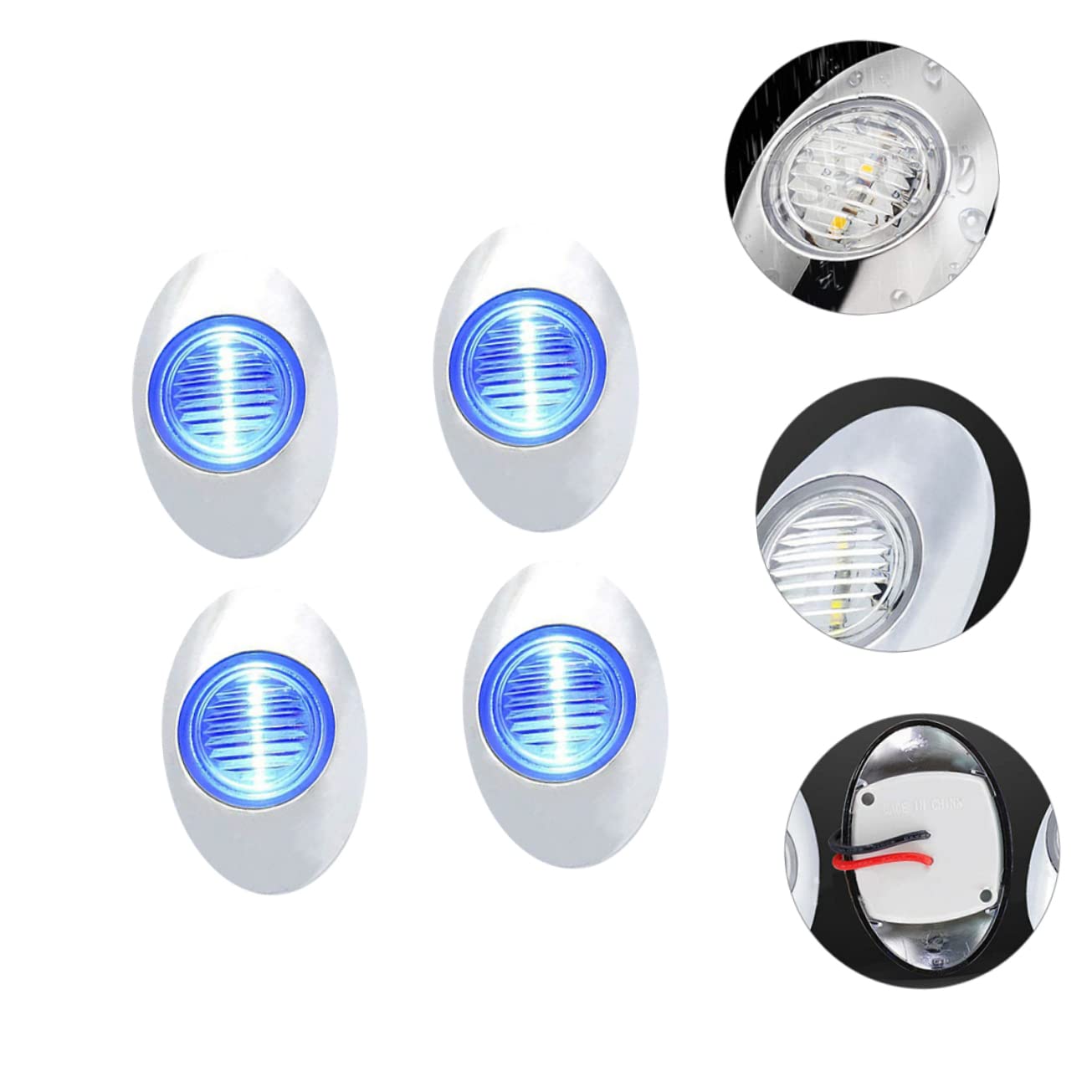 Luci LED per Barca Marine Ovali 3 LED 4 Pezzi 12v Blu | Impermeabili, 0,6w a Basso Consumo, PC Cromato e Abs, per Sottomarini e Imbarcazioni da Guerra