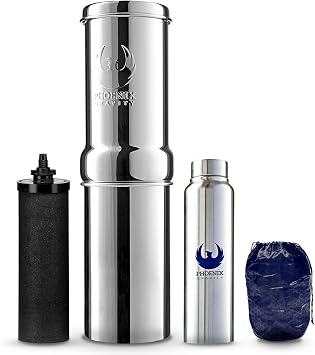 PHOENIX GRAVITY 1-Liter Gravity Water Filter System NSF/ANSI 42 & 372 Certified with 1 Smart Black Carbon Filter Cartridge & Water Bottle | Travel Friendly Camping, Home or Outdoor Use